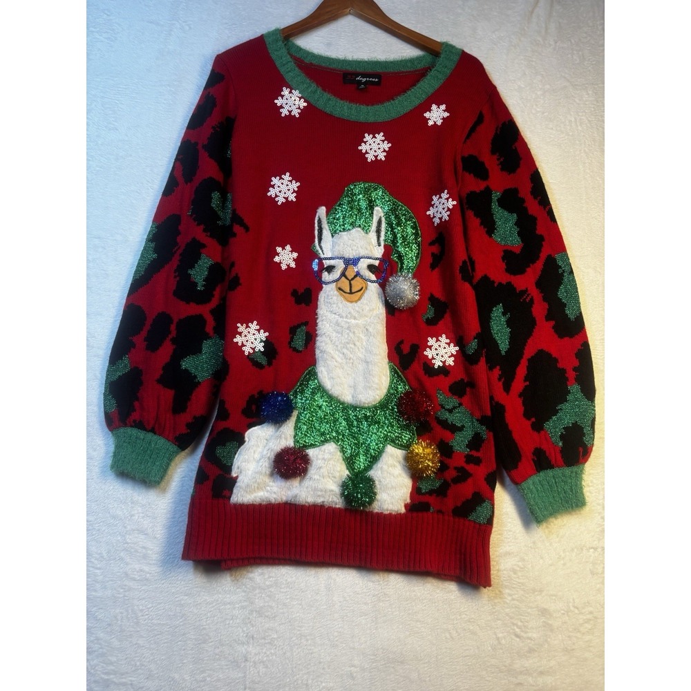 Llama Ugly Christmas Sweater 33 Degrees Pullover Women's M‎ Pom Poms Glasses